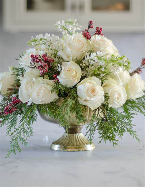 White Roses, Red berries, Holiday Arrangement, gold vase, Elegant