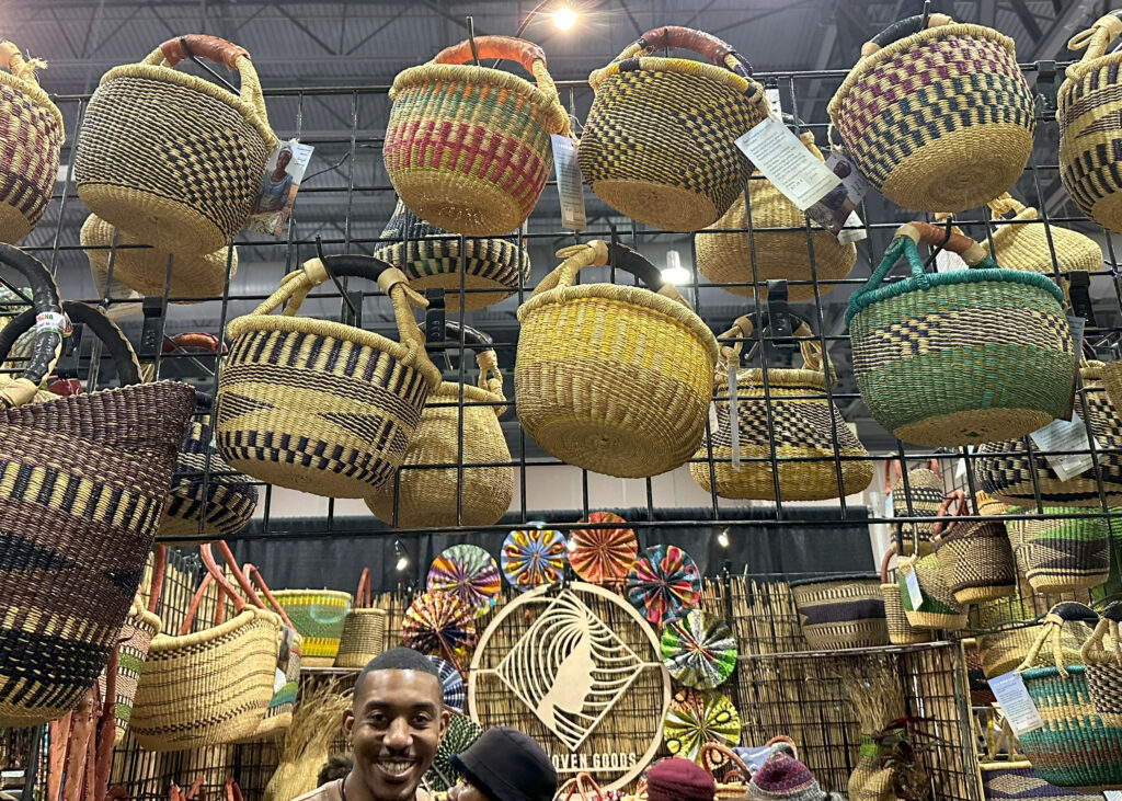 Ghana handcrafted woven baskets, Kinkanhe grass and leather handles, vivid color woven baskets and planters