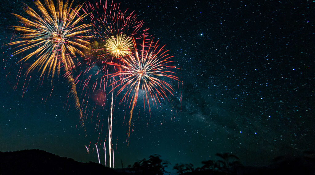 Colorful of fireworks display on milkyway in night sky background, 4th of July, Independance day