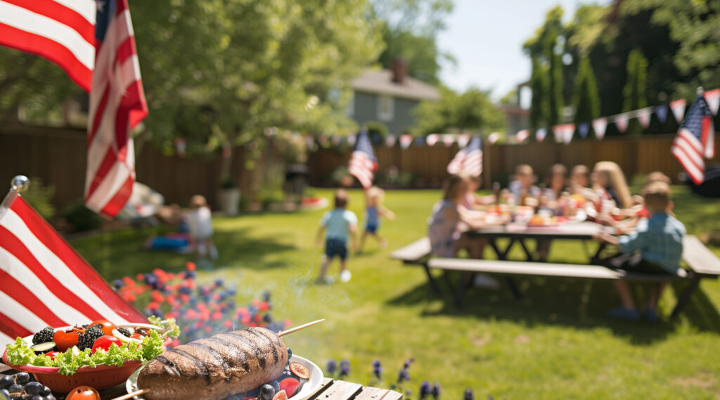 featuring a backyard filled with guests enjoying a Memorial Day, 4th of July celebration, summer grilling