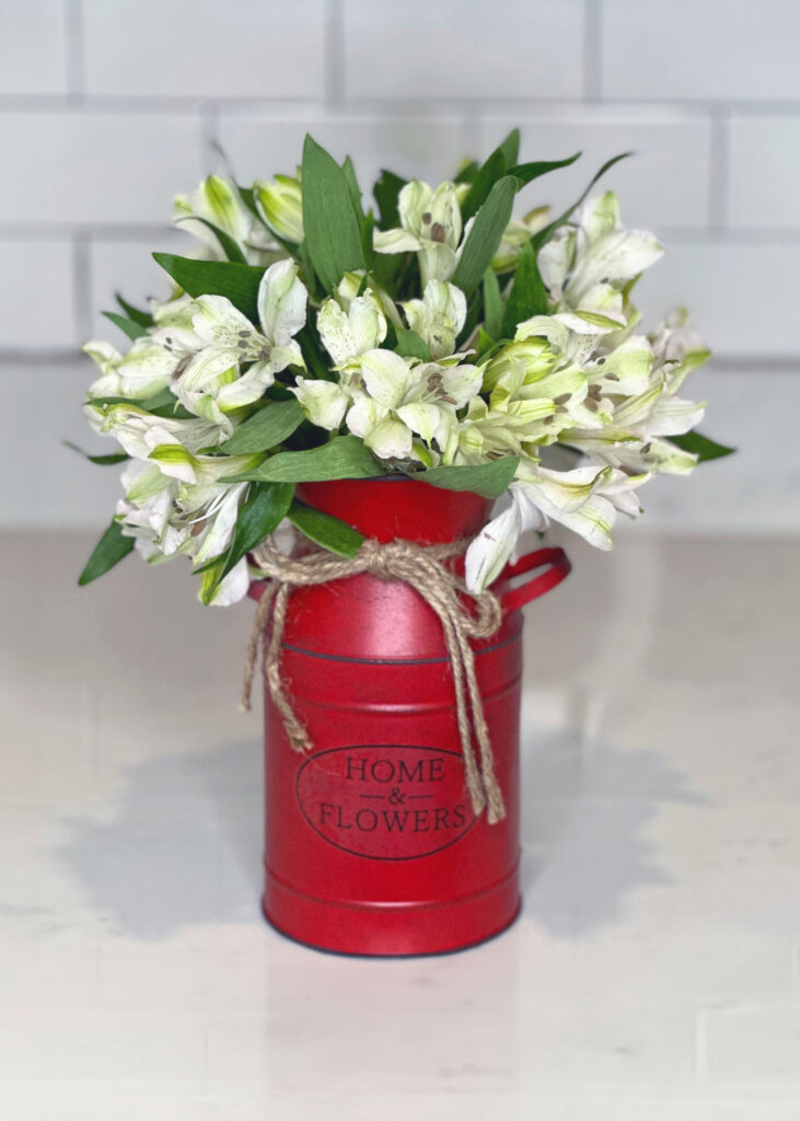 White Alstroemerias in Red Tin, 4th of July flowers, 4th of July bouquet, Patriotic bouquet/flowers, home decor