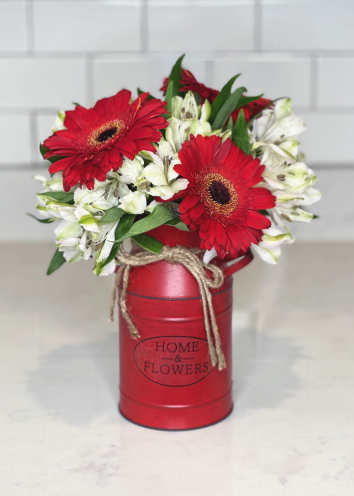 Red Daisies, White Alstroemerias in Red Tin, 4th of July flowers, 4th of July bouquet, Patriotic bouquet/flowers, home decor