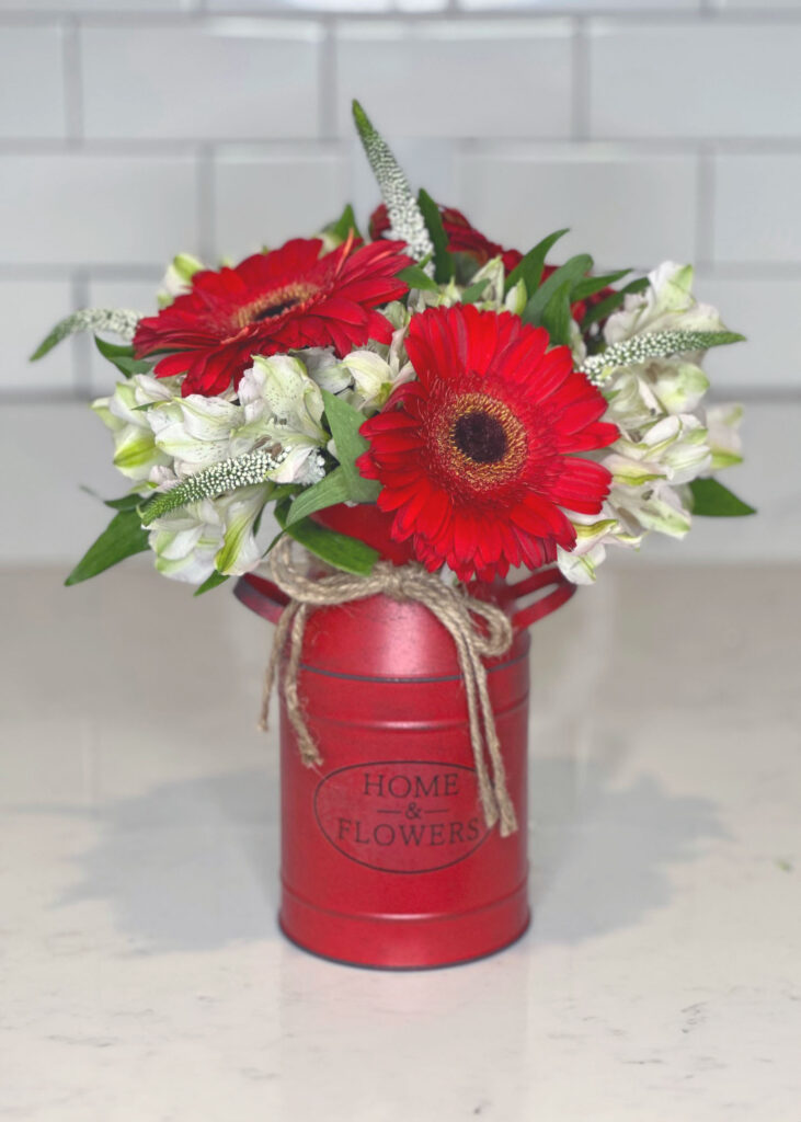 White Veronicas, Red Daisies, White Alstroemerias in Red Tin, 4th of July flowers, 4th of July bouquet, Patriotic bouquet/flowers, home decor