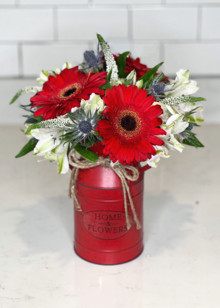 Blue Eryngium, White Veronicas, Red Daisies, White Alstroemerias in Red Tin, 4th of July flowers, 4th of July bouquet, Patriotic bouquet/flowers, home decor