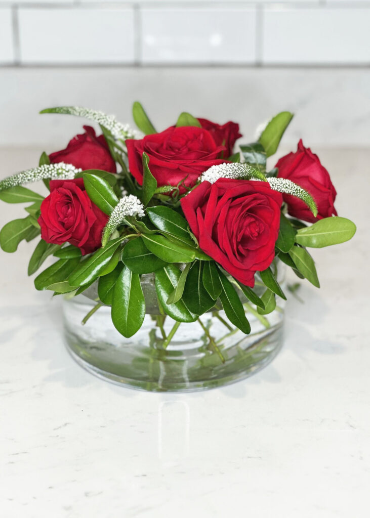 glossy greenery roses, White veronica, Holiday Flowers, Flower arrangement for 4th of July, Fourth of July Flowers