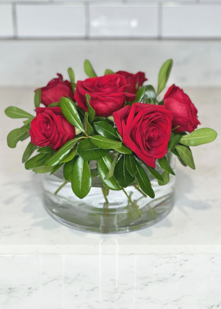 glossy greenery and roses, 4th of July Flowers, fourth of July flower arrangements, holiday flowers