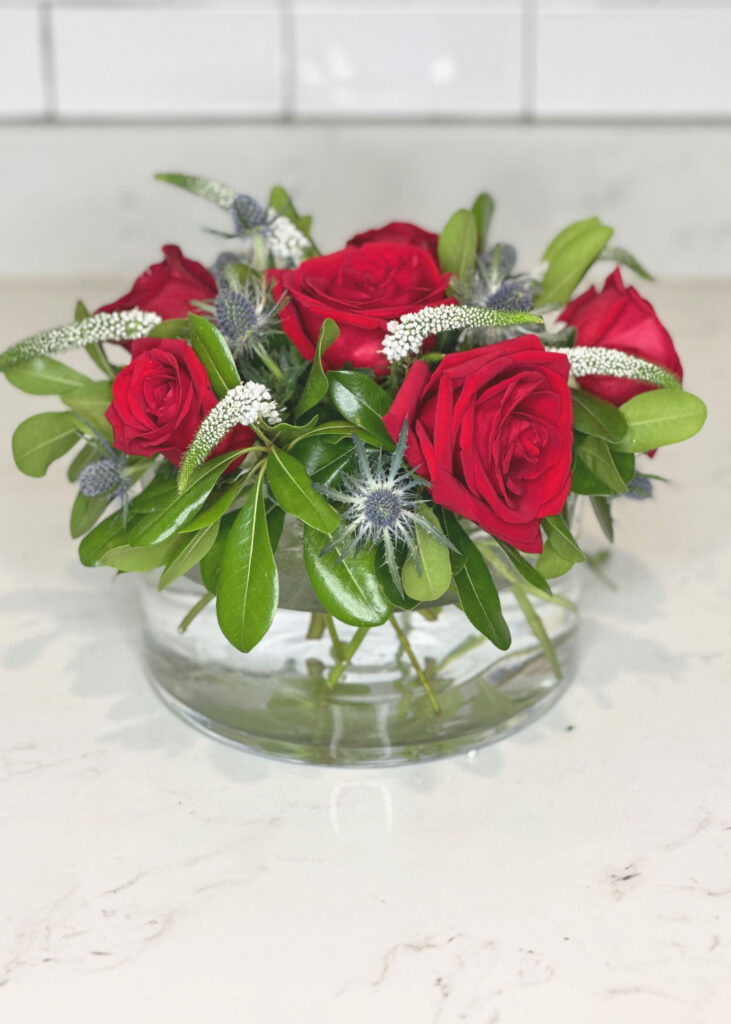 glossy greenery roses, veronica and Blue Eryngium, Holiday Flowers, Flower arrangement for 4th of July, Fourth of July Flowers