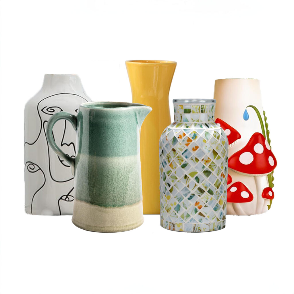 Colorful fun vases, mosaic vase, green pitcher vase, yellow vase, mushroom vase, floral arranging, floral accessories