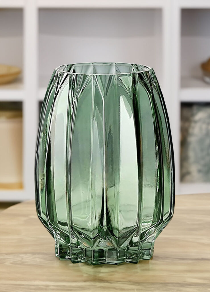 8 inch green glass ribbed vase, home decor, floral accessories, floral arrangements,