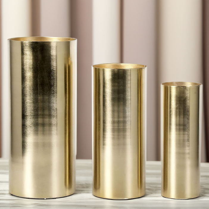 Tall Modern Brass Tone Metal Cylinder Centerpiece Flower Vases, Set of 3 - Large, Medium, Small Sizes, Handcrafted in India, floral design, floral accessories, flower arranging, home decor, holiday vases, Gold Christmas vases