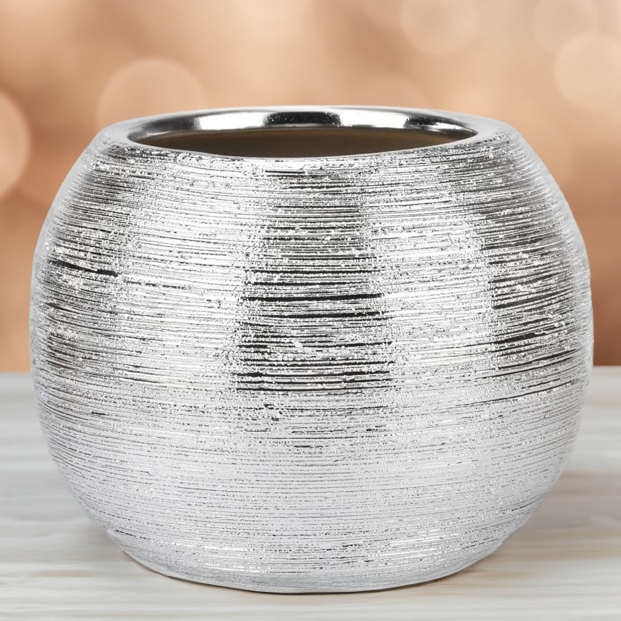 Round Flower Vase Metallic Silver Decorative Vase Centerpieces Vase for Flower (Silver), 6.8‘’D*5.2''H, floral design, flower arrangement, floral accessories, etched round holiday vase, Christmas, new years eve