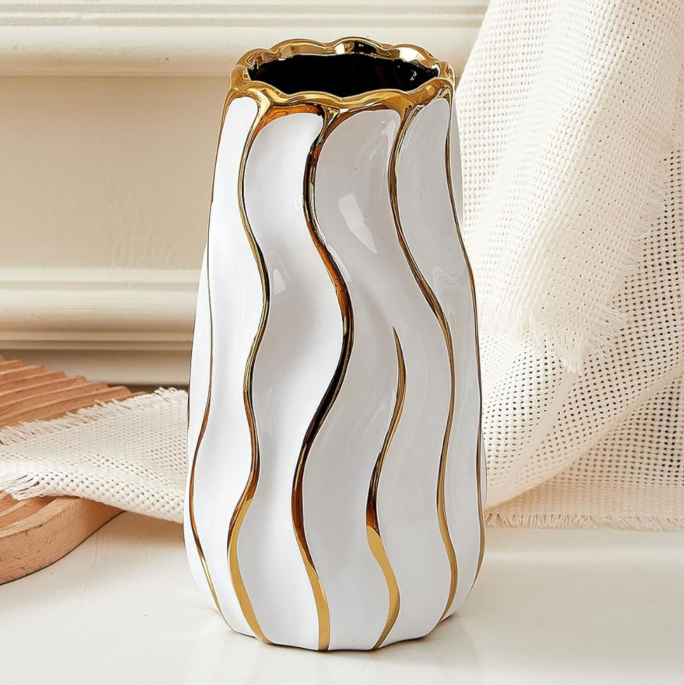 10 inch White and Gold Vase, holiday, winter vase, Hanukkah, Christmas, Ceramic Vase, White Vase for Home Decor, Decorative Flower Vase, Vertical Stripe Ceramic Vases for Home Décor, Bedroom, Office, Living Room, floral accessories, flower arrangement, floral design