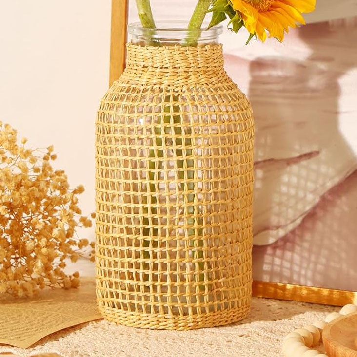 8 inch Boho Vase, Hand Woven Wicker Cover Glass Flower Vase for Pampas Grass, Artistic Fall Vase Boho Style Country Vase for Fall Flower Decor, Home Table Centerpiece, Farmhouse Decorative, floral accessories, floral design, flower arranging, autumn vase