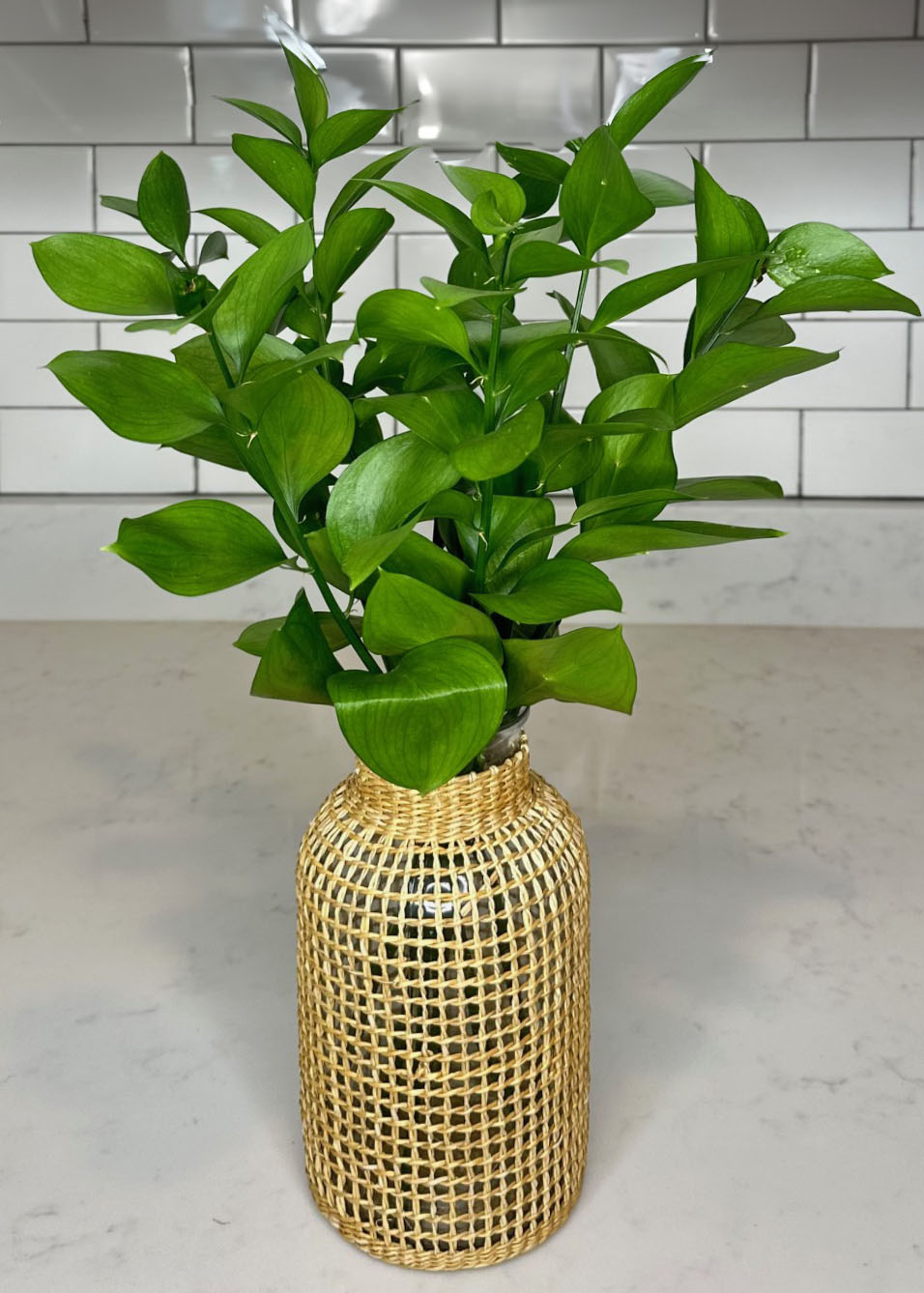 Israeli Ruscus, Shiney greenery, floral arrangement/arranging, floral accents, flower, autumn/fall, home decor, floral design, wicker vase, autumn/fall vases