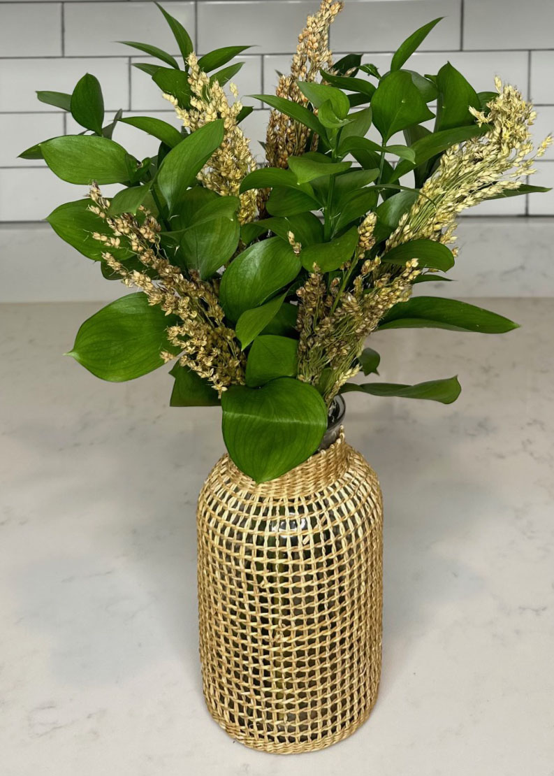 Millet, Israeli Ruscus, Shiney greenery, floral arrangement/arranging, floral accents, flower, autumn/fall, home decor, floral design, wicker vase, autumn/fall vases