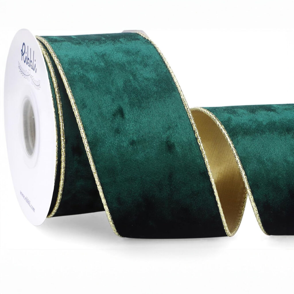 Forest Green Velvet Wired Ribbon 2.5 Inch Metallic Dark Green Gold Crushed Velvet Christmas Ribbon for Gift Wrapping Christmas Tree Decoration Crafts Wreaths Supplies-Continuous 10 Yards, holiday, events, parties, floral accessories, floral design, flower arrangements,