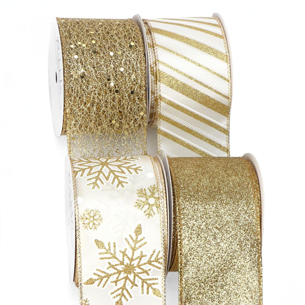 Gold Wired Ribbon for Christmas Tree,Glitter Mesh Snowflake Stripe Christmas Ribbon for Crafts, Wreaths, Topper Bow,Gift Wrapping, Tree Decoration-4Rolls 2-1/2 Inch Total 40 Yard, floral accessories, floral design, flower arrangements