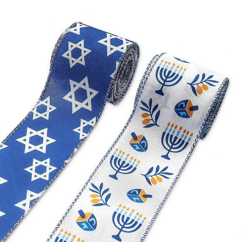 2 Roll 10 Yards Hanukkah Ribbons, 2.5" Star of David Wired Edge Burlap Ribbon Blue White Jewish Christmas Menorah Dreidel Ribbon for Chanukah Party Decor Gift DIY Crafts Wreaths Bow, holiday ribbon, floral accessories, floral design, flower arrangement