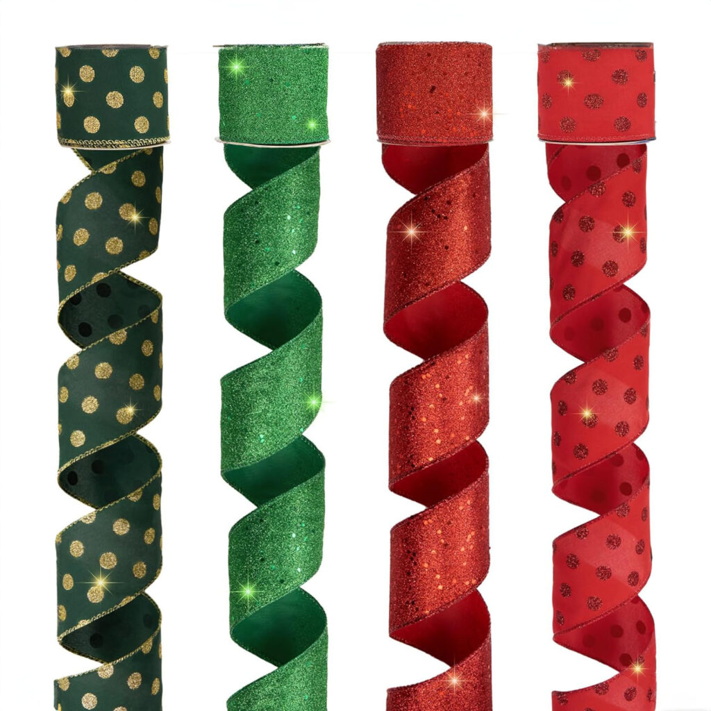 4 Rolls 32 yd Red Green Glitter Christmas Wired Ribbon Set, 2.5 inch x 8yd Polka Dot Satin Burlap Ribbon for Xmas Tree Décor, Gift Wrap Box, Bow, Wreath, Garland, Floral DIY Craft, floral accessories, floral design, flower arrangement