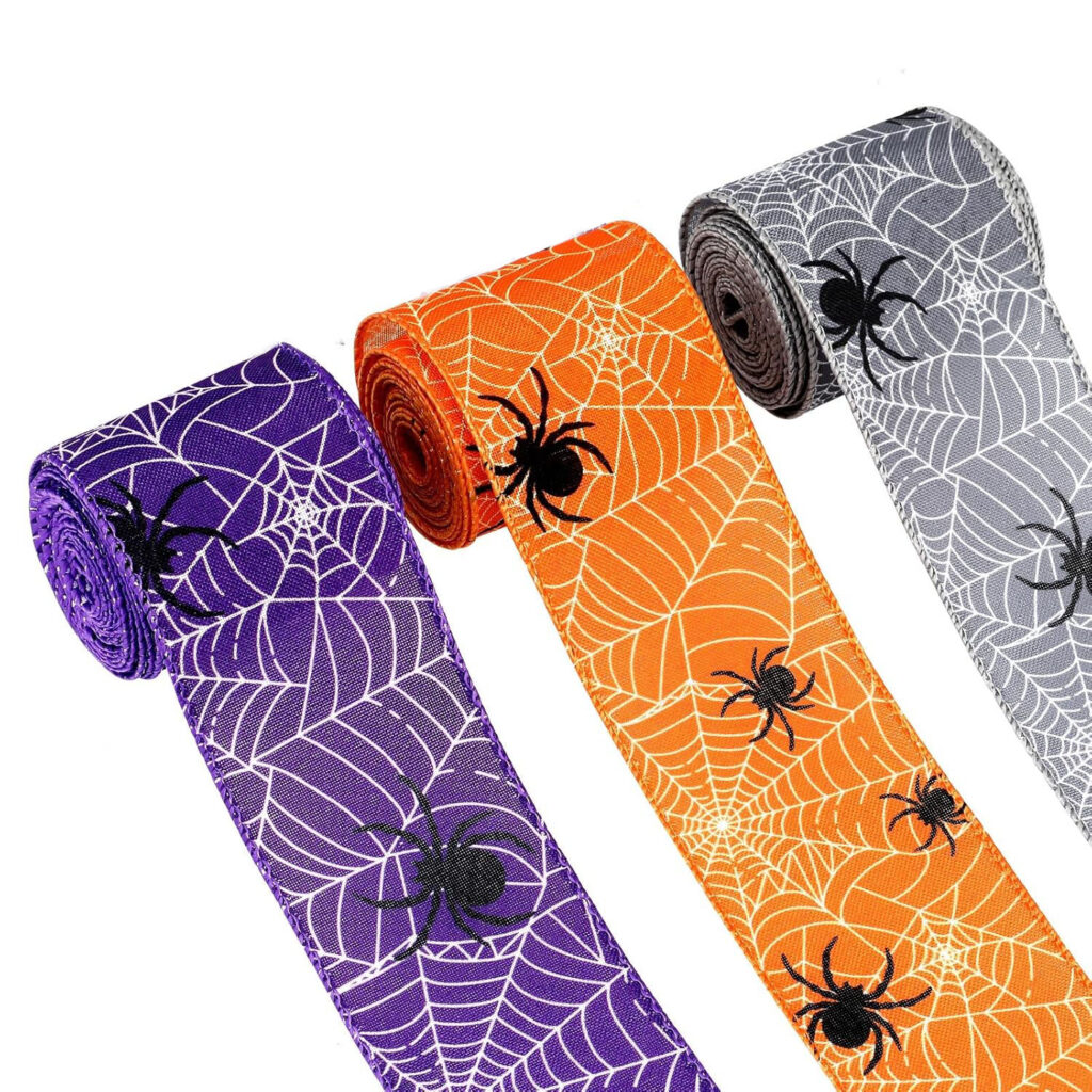 3 Rolls 15 Yards Halloween Ribbon Edge Halloween Wired Ribbon Spider Web Wired Ribbons Halloween Ribbon 2.5 Inch Colorful Halloween Ribbon for Home Party Decor Wrapping (Orange, Purple, Gray), Floral arranging, floral design, floral accessories